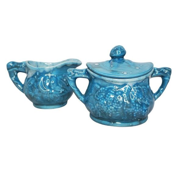 Vintage MCM Ceramic Turquois Blue Drip Glaze Creamer Lidded Sugar Bowl Set - Picture 1 of 11
